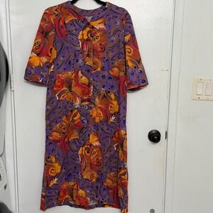 Vintage Tropical Abstract Retro Psychedelic Floral Midi Statement Dress Sz S/M